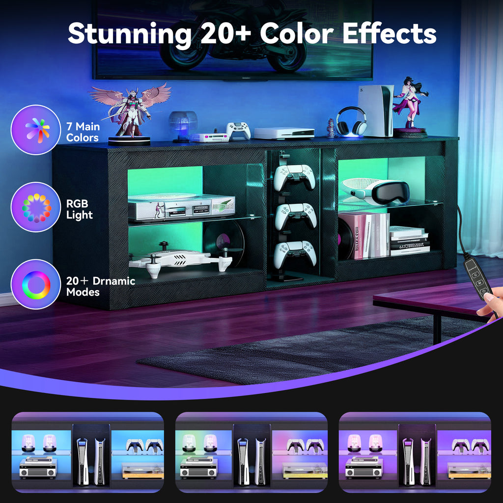 THAILE Black TV Stands for Living Room, Entertainment Center for TVs up to 65" with Glass Shelves & Carbon Fiber Finish