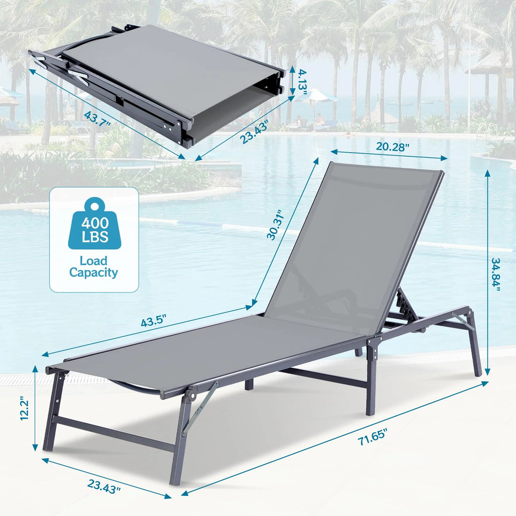 THAILE Foldable Lounge Chair, Waterproof Outdoor Chair with 6 Reclining Positions, Gray