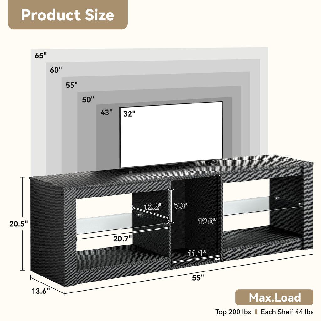 THAILE Black TV Stands for Living Room, Entertainment Center for TVs up to 65" with Glass Shelves & Carbon Fiber Finish