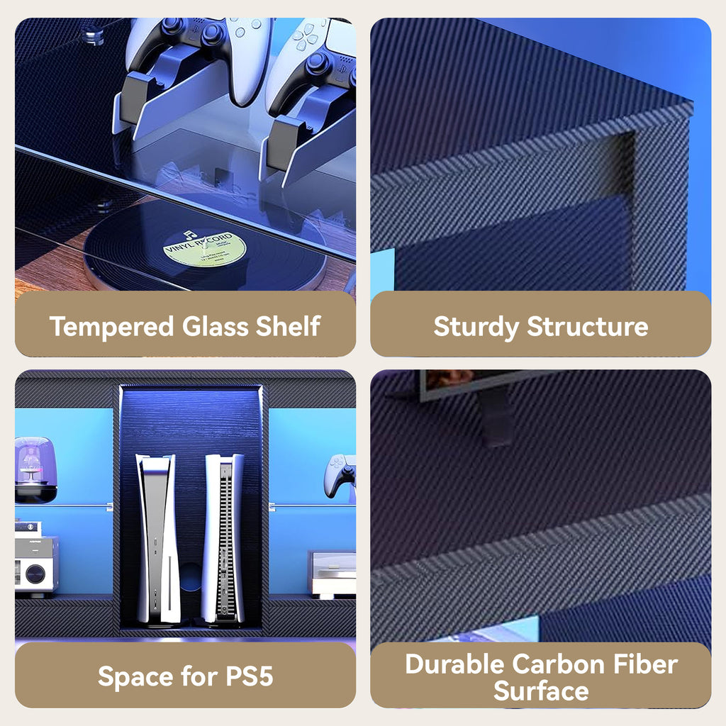 THAILE Black TV Stands for Living Room, Entertainment Center for TVs up to 65" with Glass Shelves & Carbon Fiber Finish