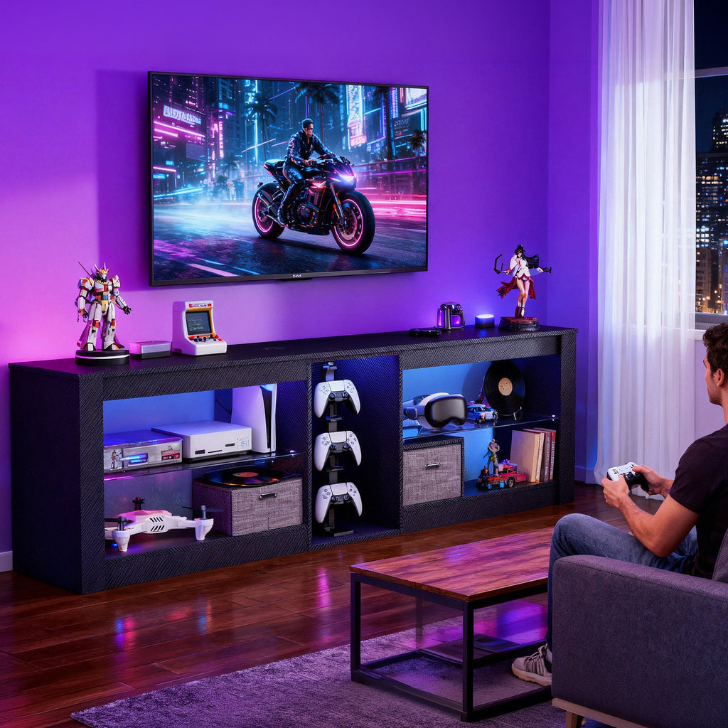 THAILE Black TV Stands for Living Room, Entertainment Center for TVs up to 65" with Glass Shelves & Carbon Fiber Finish