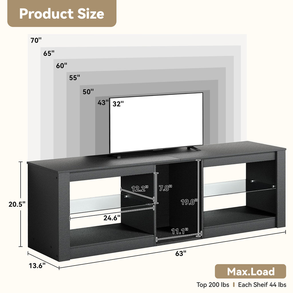 THAILE Black TV Stands for Living Room, Entertainment Center for TVs up to 65" with Glass Shelves & Carbon Fiber Finish