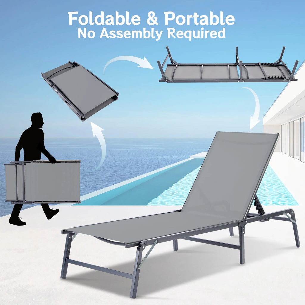 THAILE Foldable Lounge Chair, Waterproof Outdoor Chair with 6 Reclining Positions, Gray