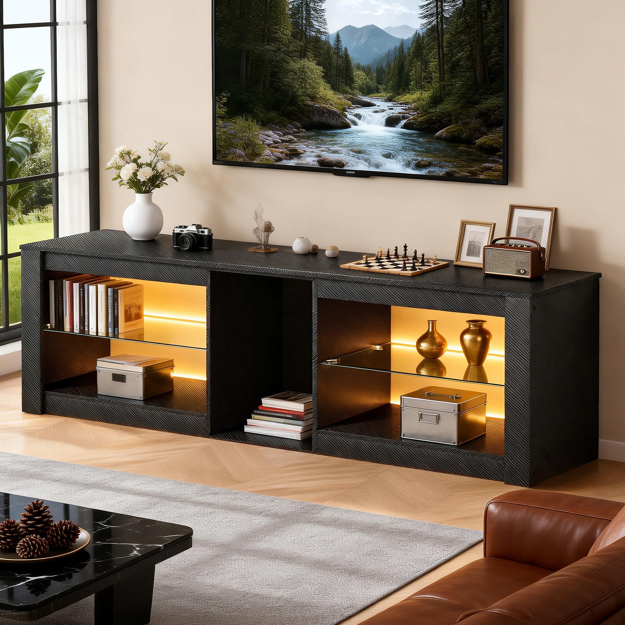 THAILE Black TV Stands for Living Room, Entertainment Center for TVs up to 65" with Glass Shelves & Carbon Fiber Finish