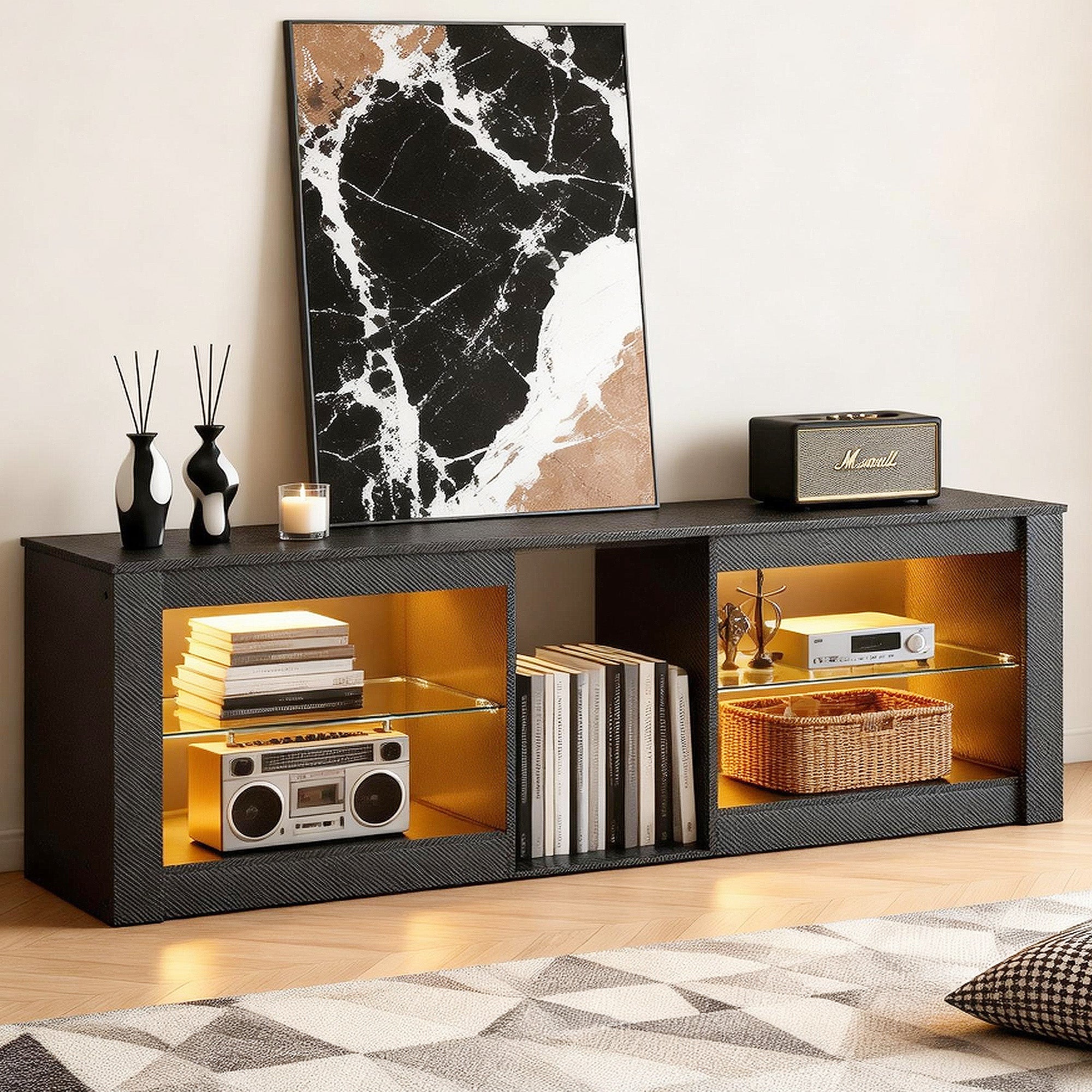 THAILE Black TV Stands for Living Room, Entertainment Center for TVs up to 65" with Glass Shelves & Carbon Fiber Finish