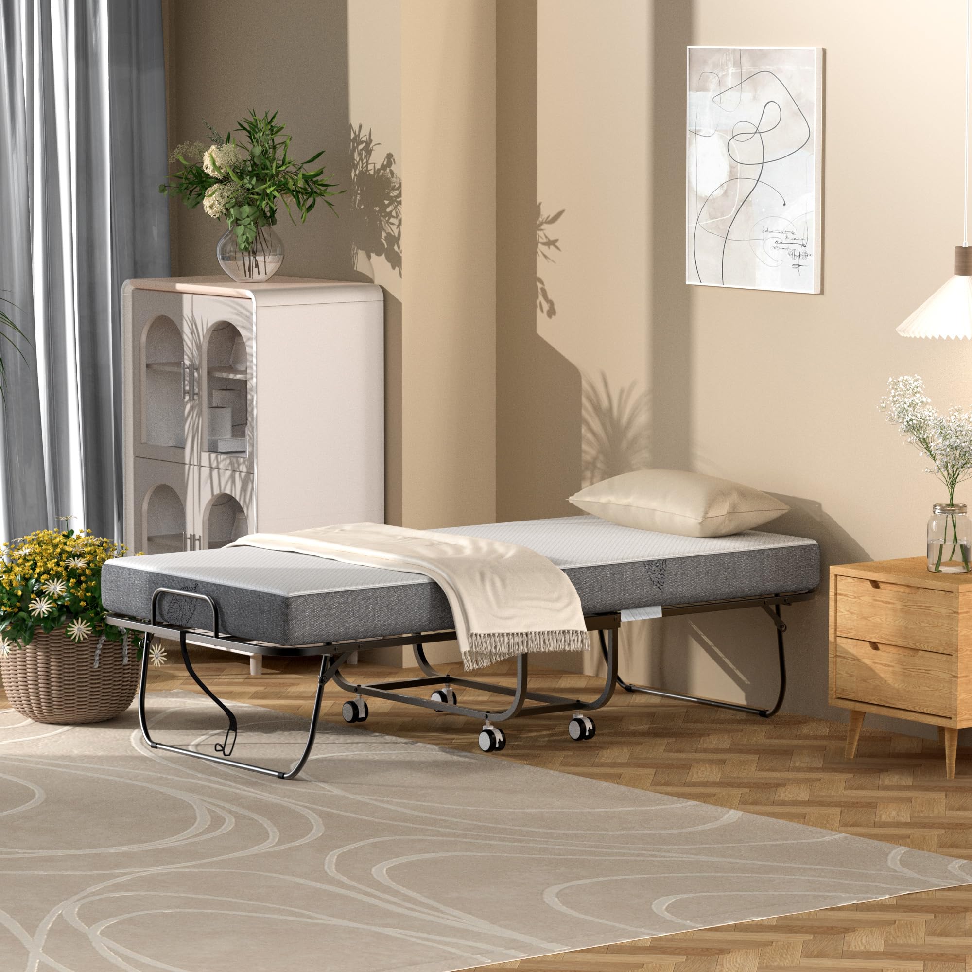 THAILE Folding Bed with 5” Airflow Memory Foam 75" x 38" Comfort Mattress and Wheels, 17” Metal Bed Frame, Twin