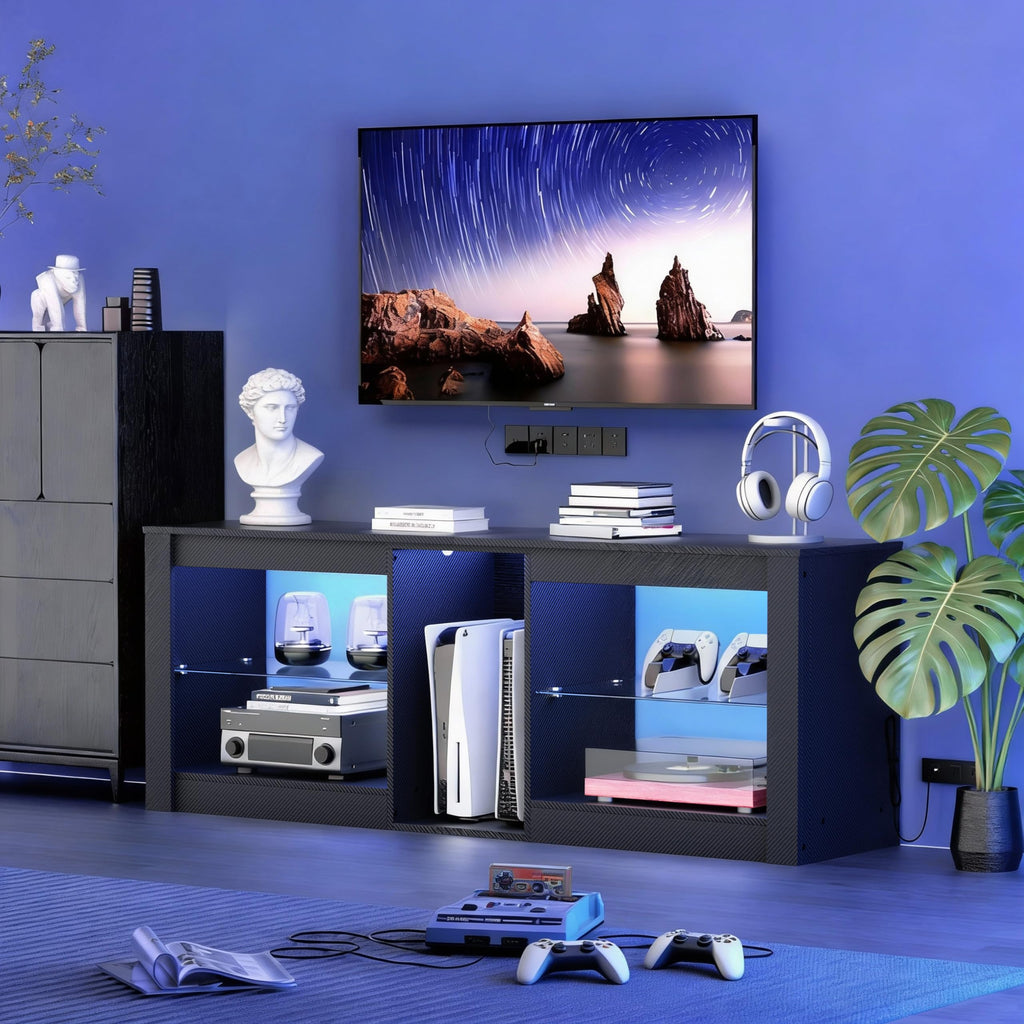 THAILE Television Stand for TVs up to 65", LED TV Stand Entertainment Center with Glass Shelves, 55" x 13.6" x 20.5", Black