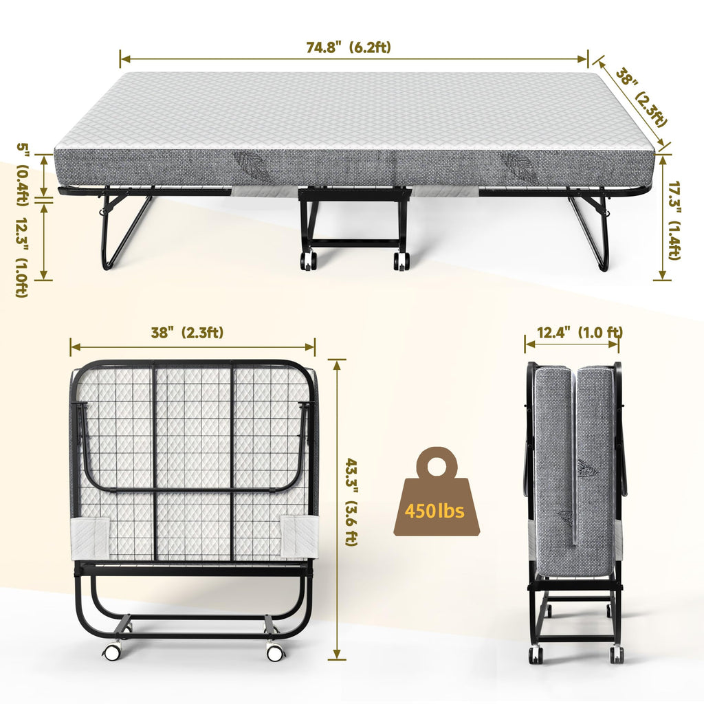 THAILE Folding Bed with 5” Airflow Memory Foam 75" x 38" Comfort Mattress and Wheels, 17” Metal Bed Frame, Twin