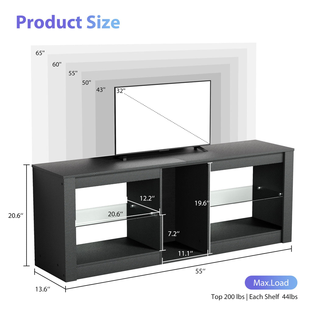 THAILE Television Stand for TVs up to 65", LED TV Stand Entertainment Center with Glass Shelves, 55" x 13.6" x 20.5", Black
