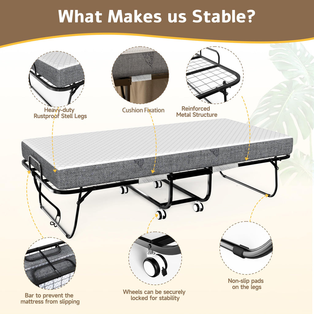 THAILE Folding Bed with 5” Airflow Memory Foam 75" x 38" Comfort Mattress and Wheels, 17” Metal Bed Frame, Twin