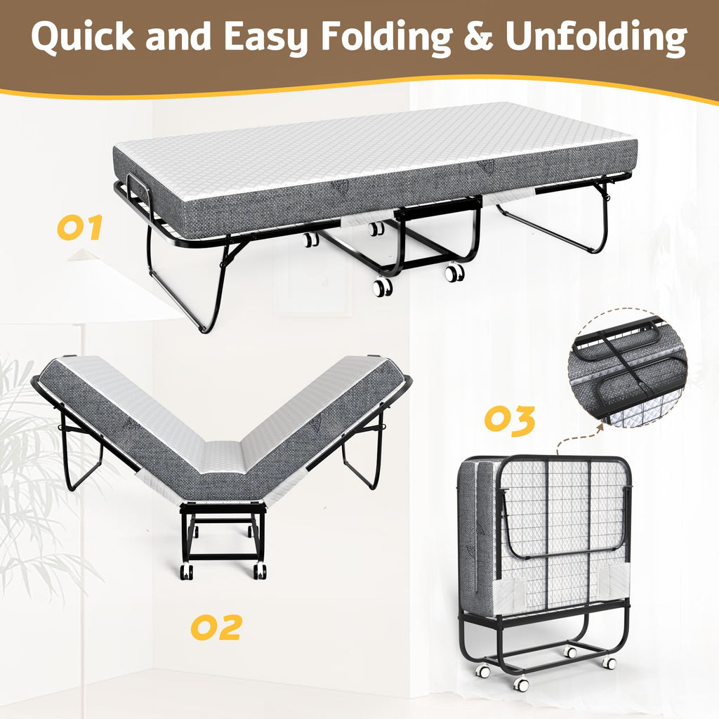 THAILE Folding Bed with 5” Airflow Memory Foam 75" x 38" Comfort Mattress and Wheels, 17” Metal Bed Frame, Twin