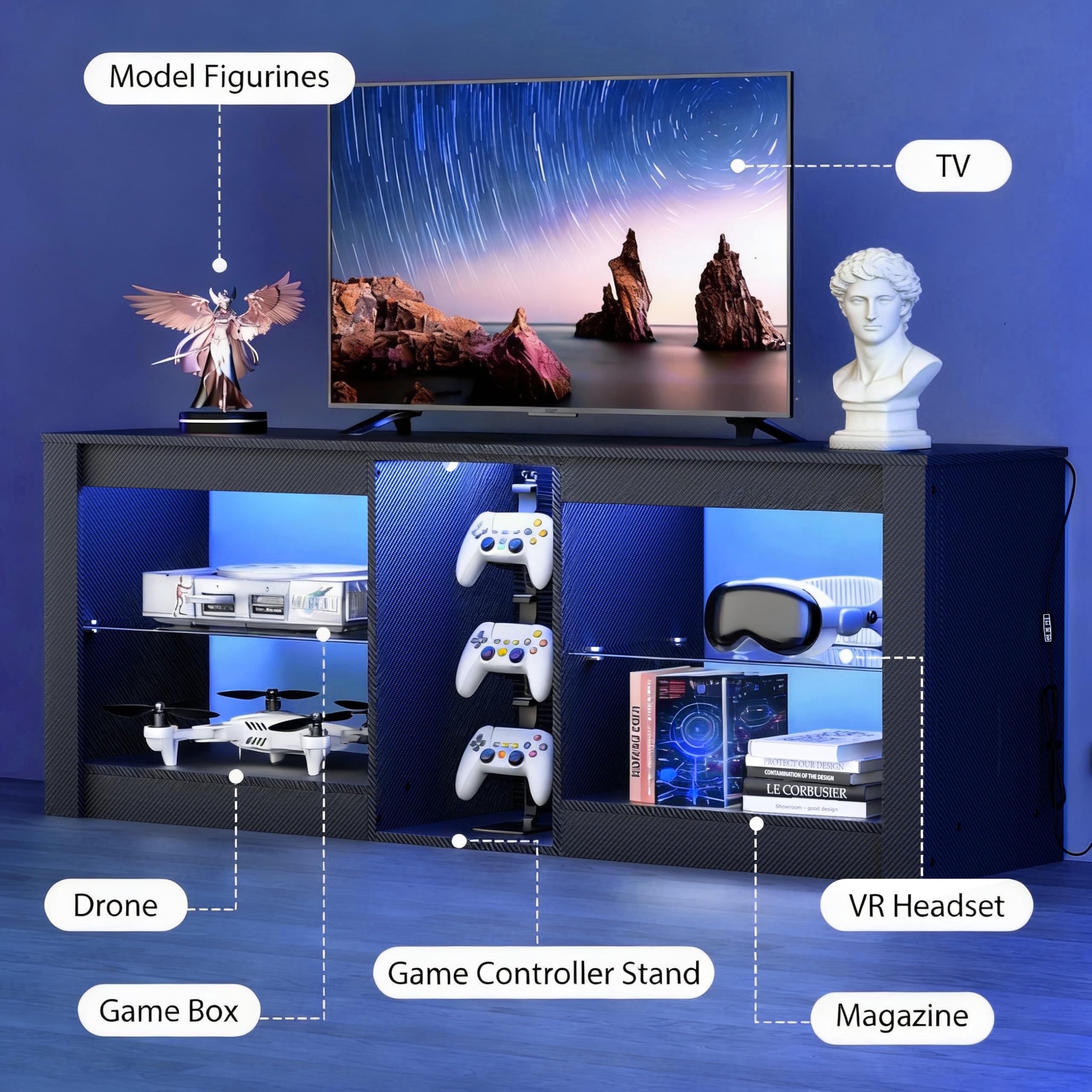 THAILE Television Stand for TVs up to 65", LED TV Stand Entertainment Center with Glass Shelves, 55" x 13.6" x 20.5", Black
