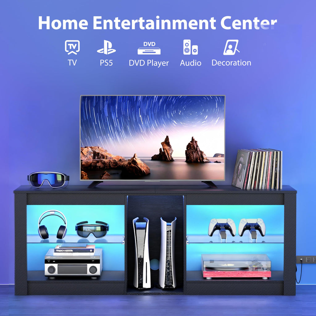 THAILE Television Stand for TVs up to 65", LED TV Stand Entertainment Center with Glass Shelves, 55" x 13.6" x 20.5", Black