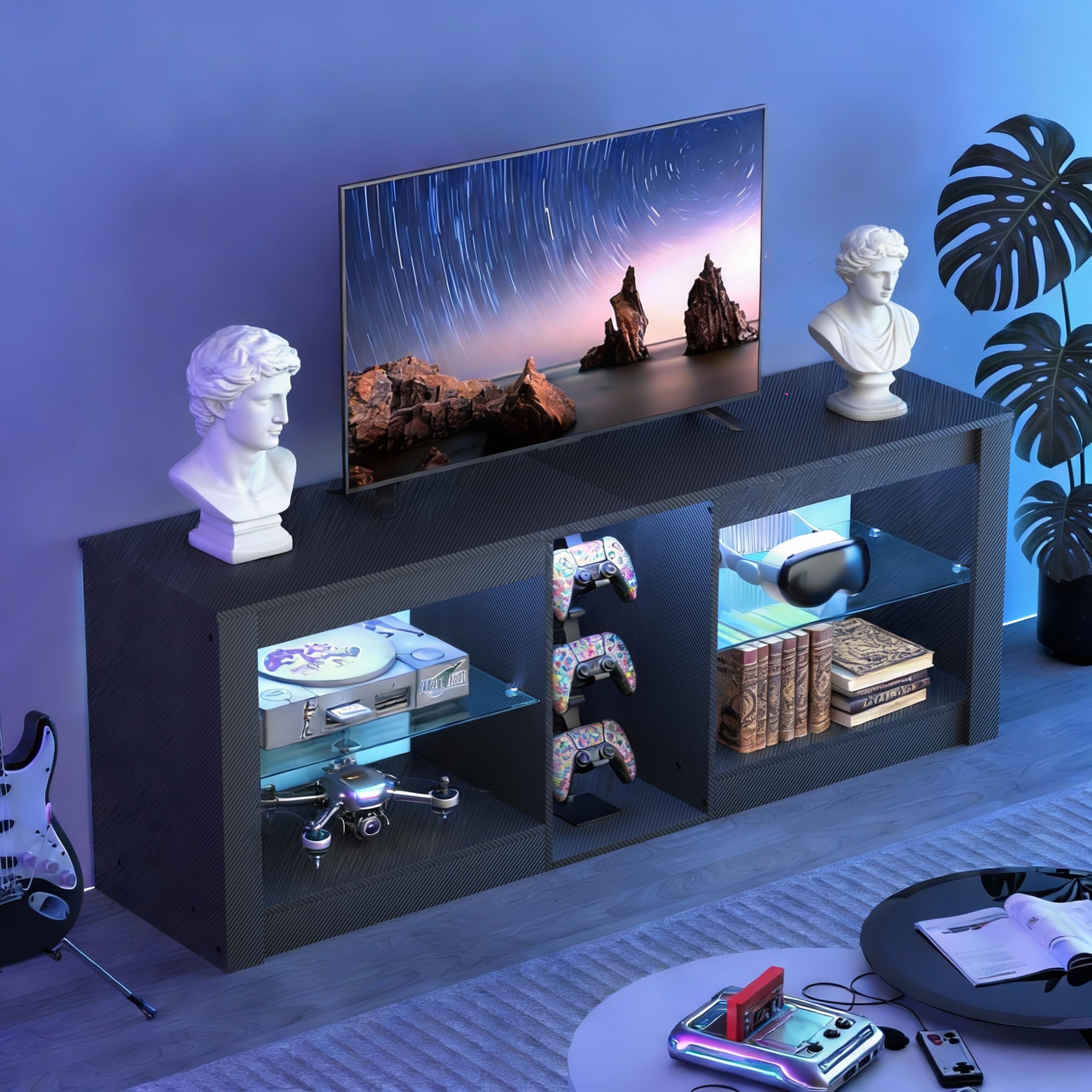 THAILE Television Stand for TVs up to 65", LED TV Stand Entertainment Center with Glass Shelves, 55" x 13.6" x 20.5", Black