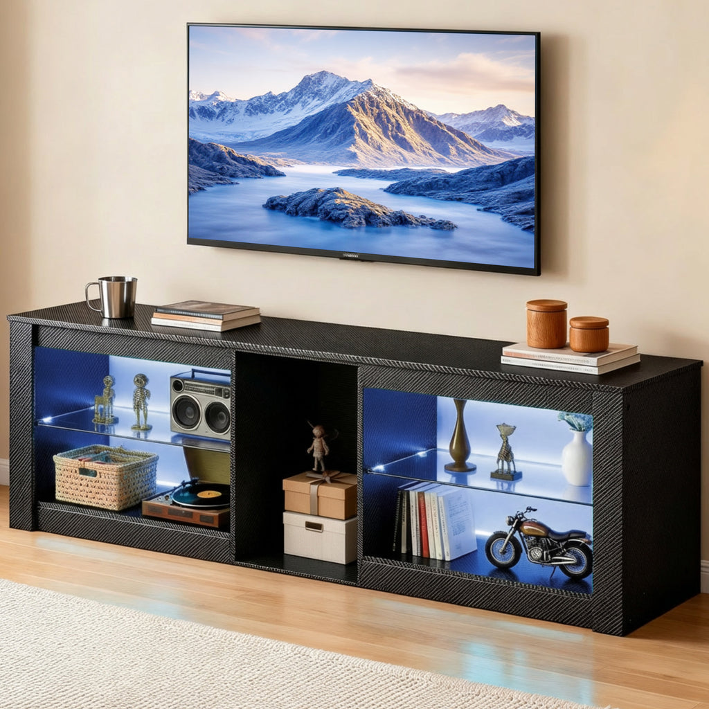 THAILE Black TV Stands for Living Room, Entertainment Center for TVs up to 65" with Glass Shelves & Carbon Fiber Finish
